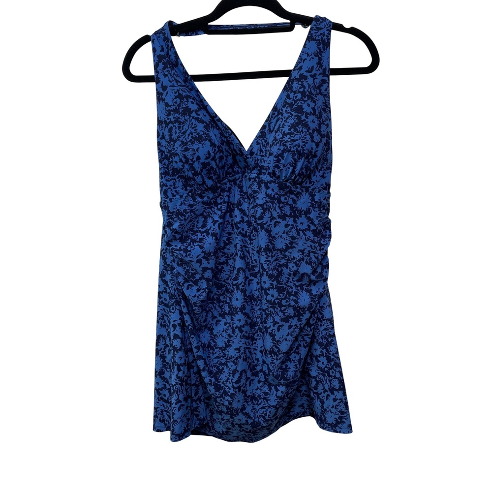 LL Bean Blue Floral Ruched Swim Dress Size 14 V-Neck Modest One Piece Beach Pool